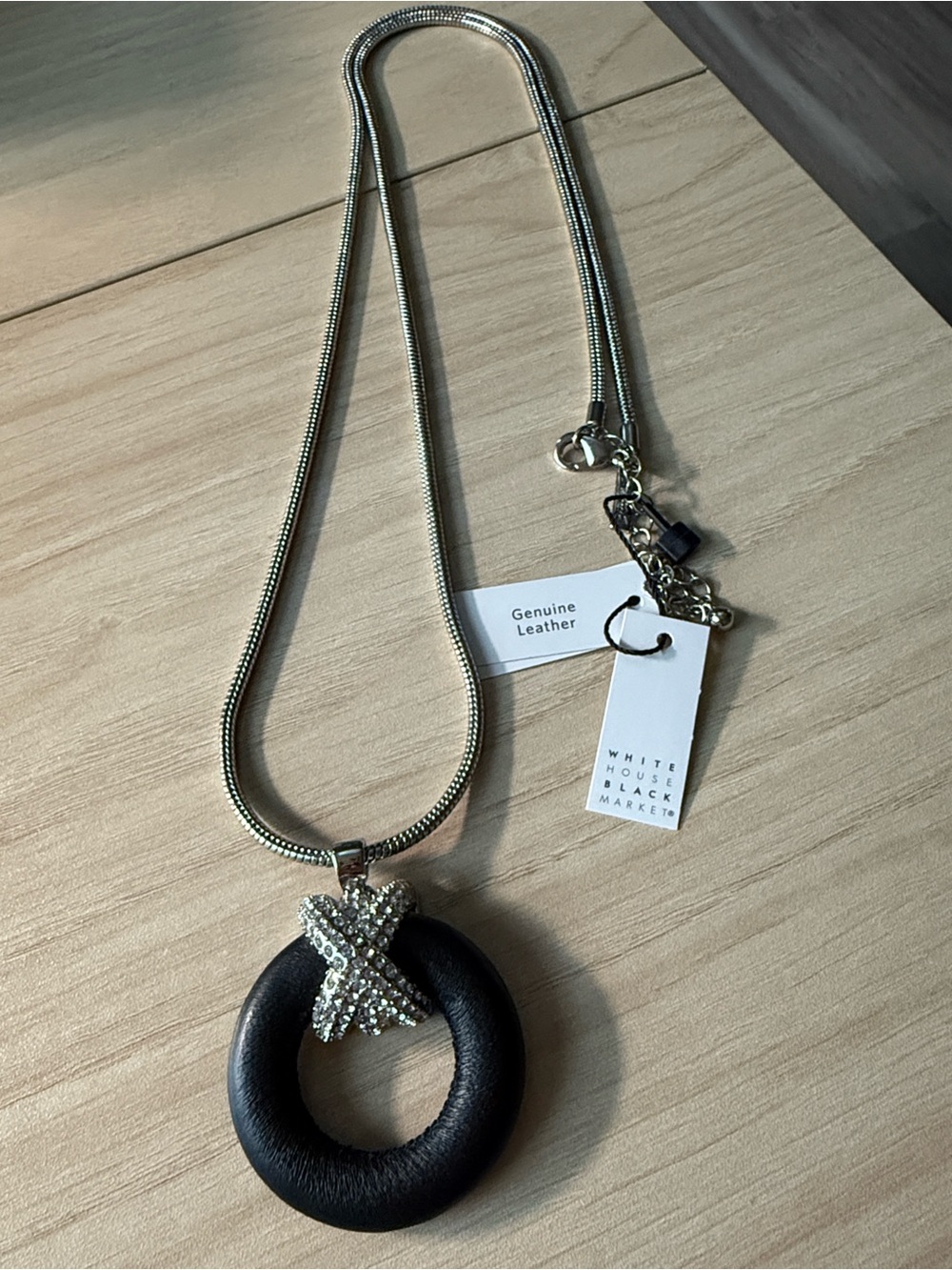 White House Black Market Black Leather Ring Necklace with Crystal X Accent